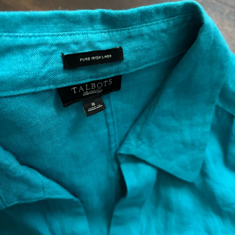 Talbots Irish Linen Button Down Blouse turquoise size 8 euc - Picture 4 of 5